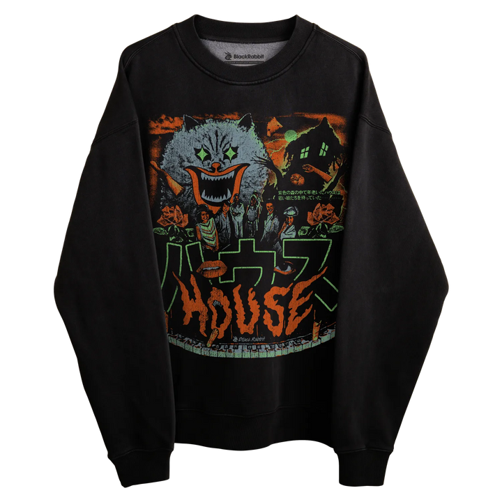 Black crewneck sweatshirt with ’house’ graphic design featuring a horror movie poster.