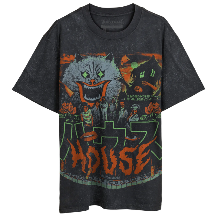 Washed black t-shirt with a vibrant, horror-themed graphic featuring a large cat face, a haunted house, and figures, with ’HOUSE’ in distressed orange text and Japanese characters.