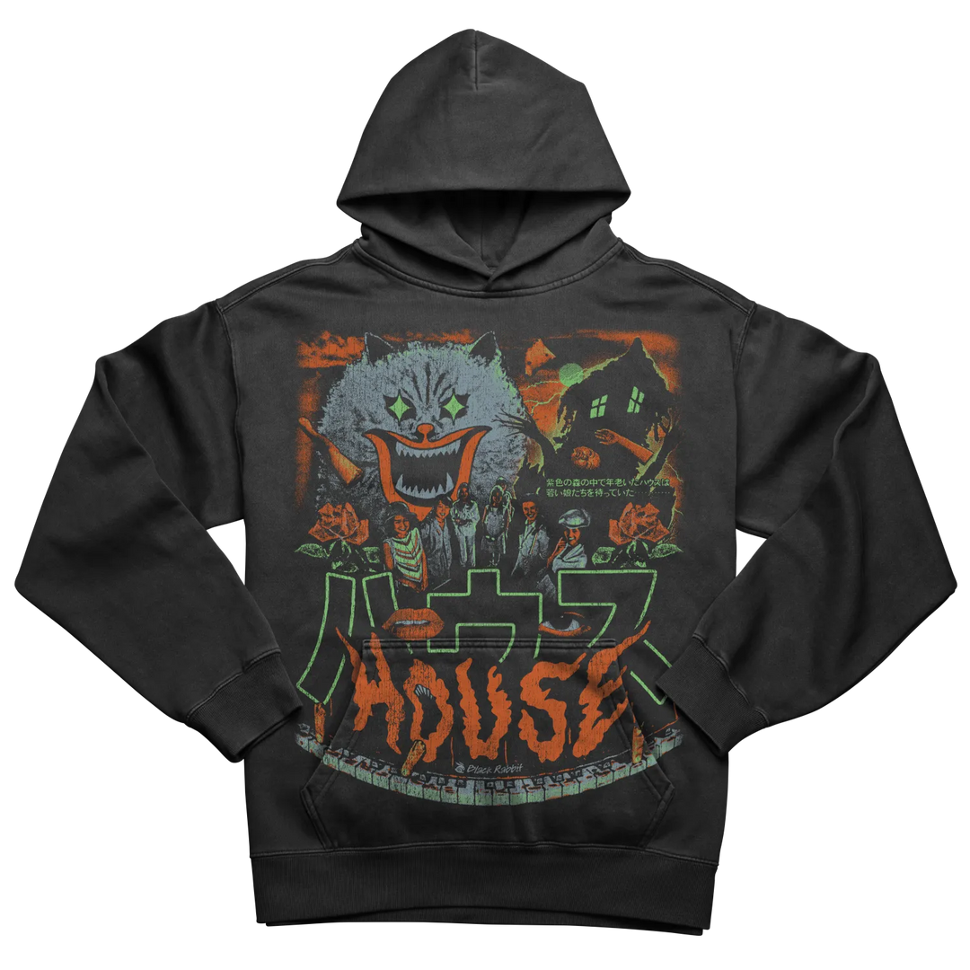 Dark gray hooded sweatshirt with a vibrant, horror-themed graphic print featuring a monstrous cat, a haunted house, and a group of figures, with the word ’HOUSE’ prominently displayed in a stylized font.