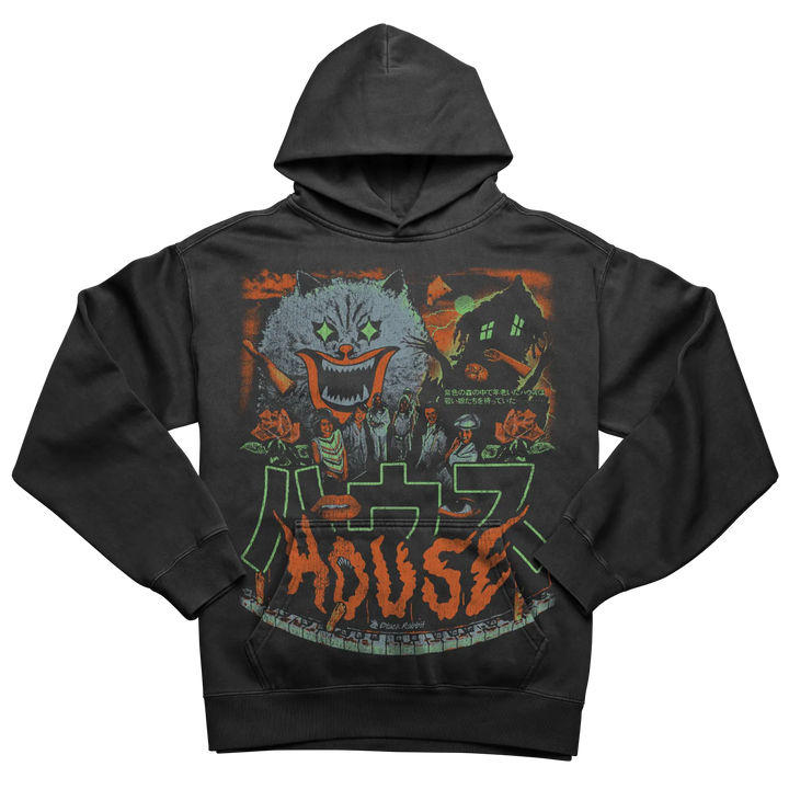 Dark gray hooded sweatshirt with a vibrant, horror-themed graphic print featuring a monstrous cat, a haunted house, and a group of figures, with the word ’HOUSE’ prominently displayed in a stylized font.