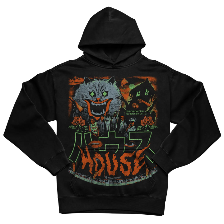 Black hoodie with ’house’ graphic design featuring a cat and haunted house illustration.