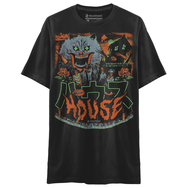 Black short-sleeved t-shirt with a colorful graphic print featuring a cat-like monster, a haunted house, and Japanese characters.