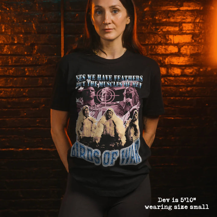 Model wearing black premium tee with birds of war graphic 