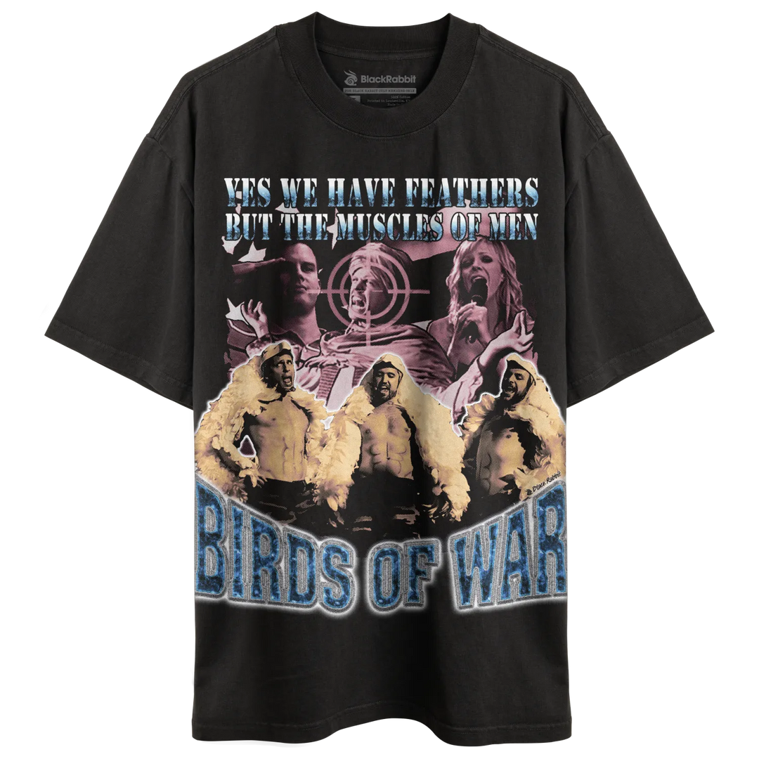 Black t-shirt with graphic design of ’birds of war’ and text in blue, white, yellow, red, and purple.
