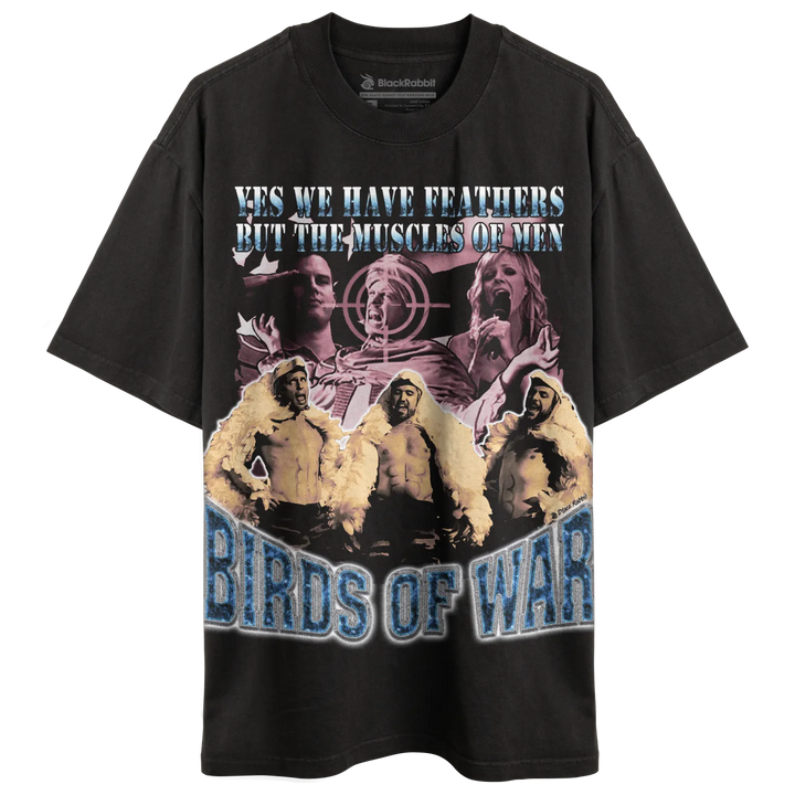 Black t-shirt with graphic design of ’birds of war’ and text in blue, white, yellow, red, and purple.