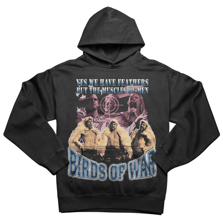 Black hoodie with graphic design of birds and text ’birds of war’