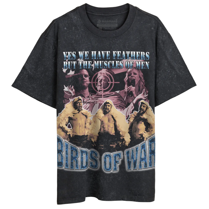 Charcoal gray t-shirt with graphic design of four figures and text ’birds of war’ in blue.