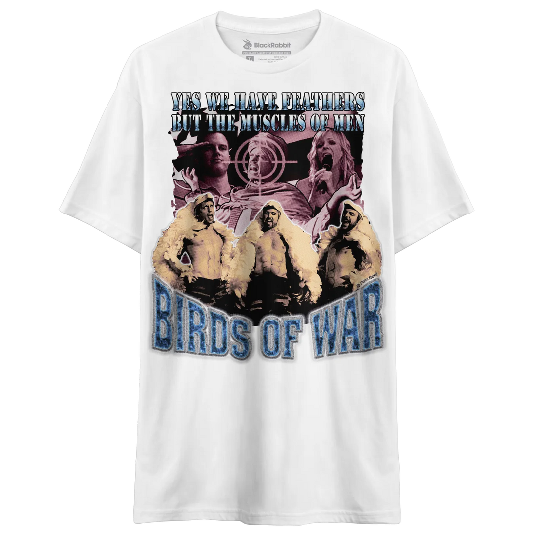 White t-shirt with graphic design of shirtless men and text ’birds of war’ in blue.