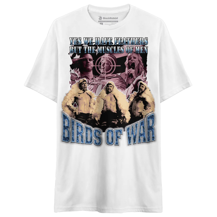 White t-shirt with graphic design of shirtless men and text ’birds of war’ in blue.
