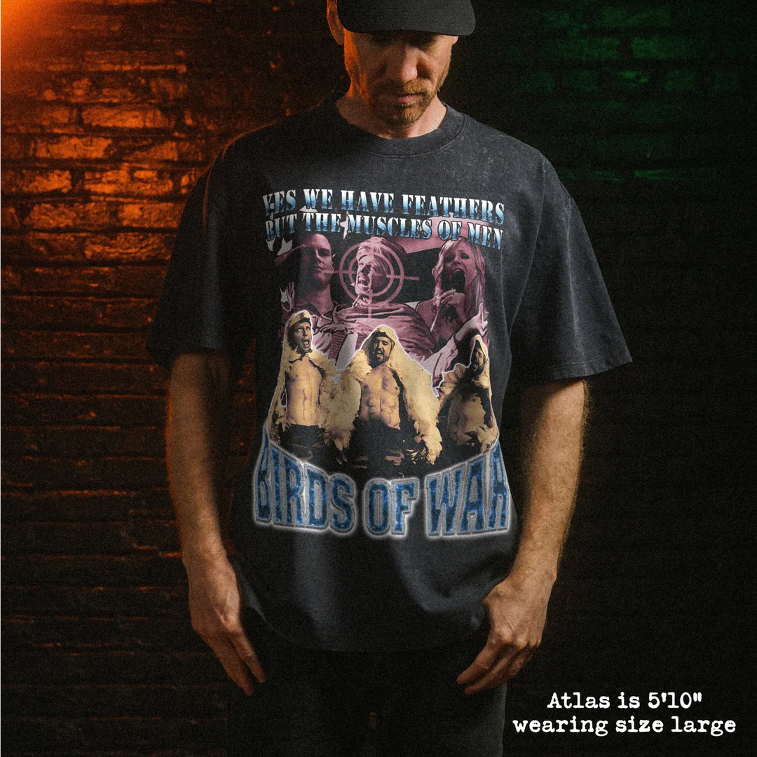 Male model wearing stone washed heavy tee with birds of war graphic 