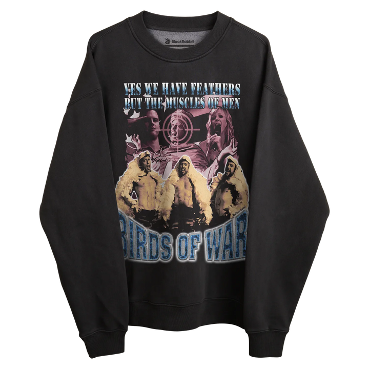 Black crewneck sweatshirt with graphic design of birds and text ’yes we have feathers but the muscles are real’ by birds of war.
