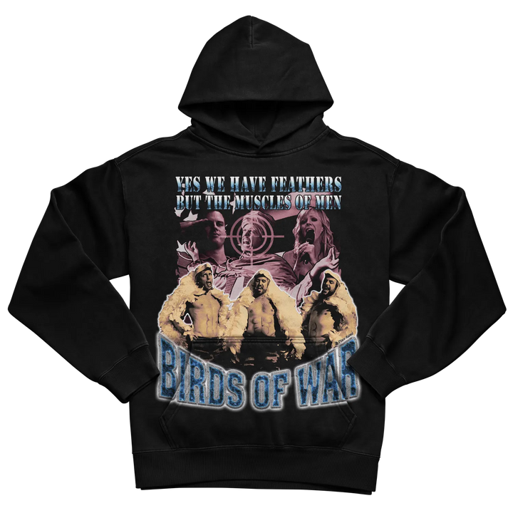 Black hoodie with graphic design of ’birds of war’ and text.