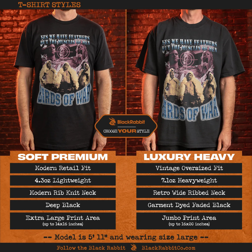 Black t-shirt with ’birds of war’ graphic and retro design, 4.3oz lightweight material, modern retail fit
