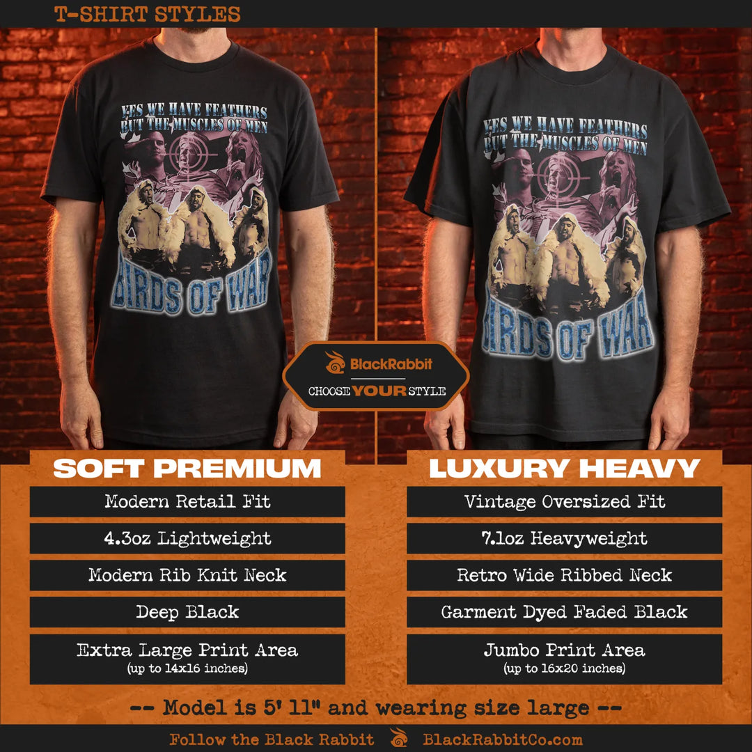 Black t-shirt with ’birds of war’ graphic and retro design, 4.3oz lightweight material, modern retail fit