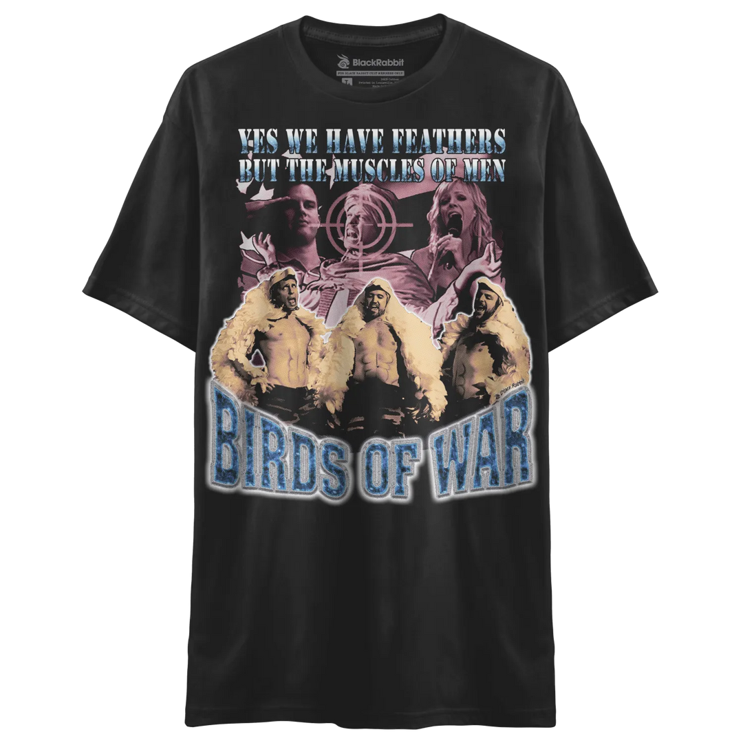 Black t-shirt with graphic design of apes and text ’birds of war’