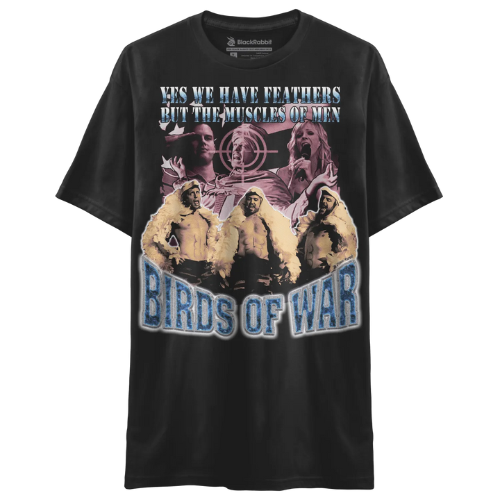 Black t-shirt with graphic design of apes and text ’birds of war’