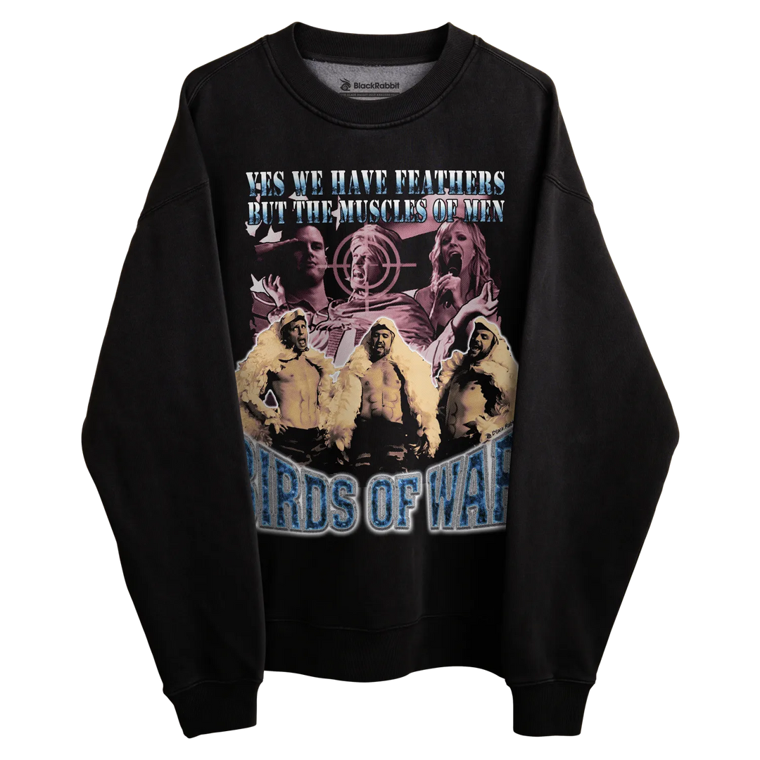 Black long-sleeved sweatshirt with graphic design featuring four figures in fur, text ’yes we have feathers but the muscle soupers’ and ’birds of war,’ on a white background.