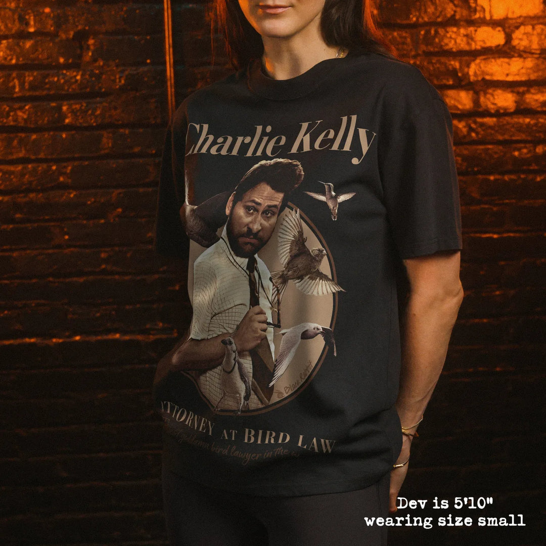 Model wearing heavy tee with bird law graphic 
