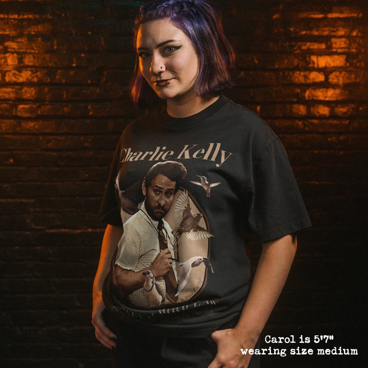 Model wearing heavy tee with bird law graphic 