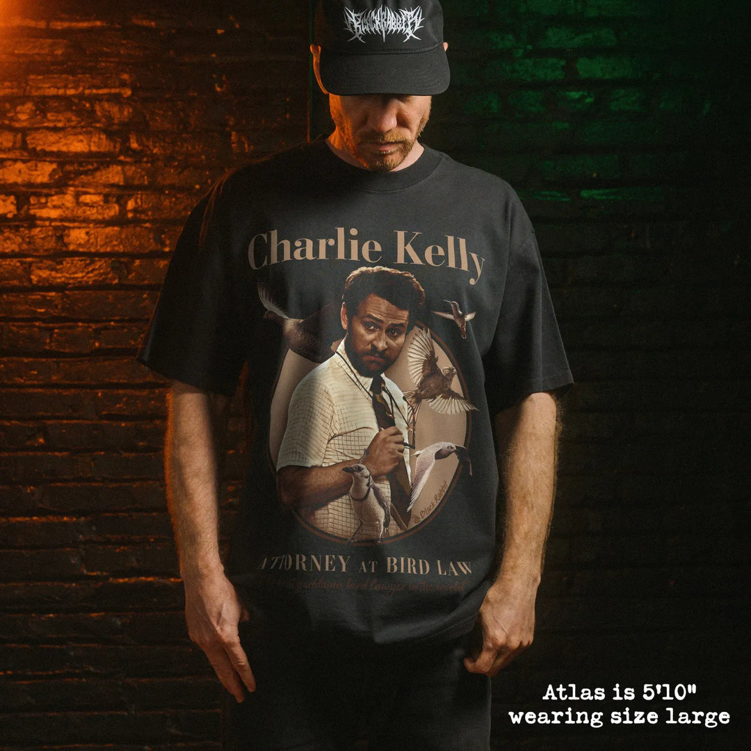 Model wearing heavy tee with bird law graphic 