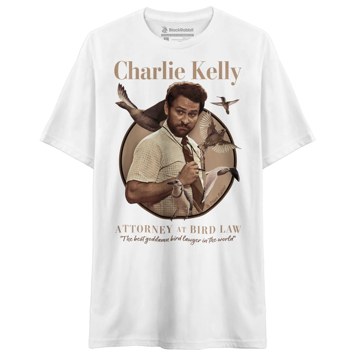 White t-shirt with charlie kelly graphic and text design. 