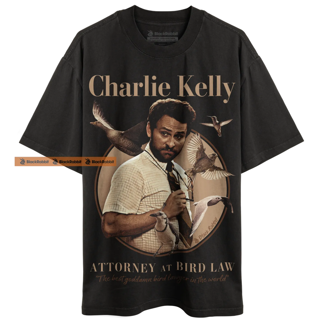 Black t-shirt with Charlie Kelly graphic.