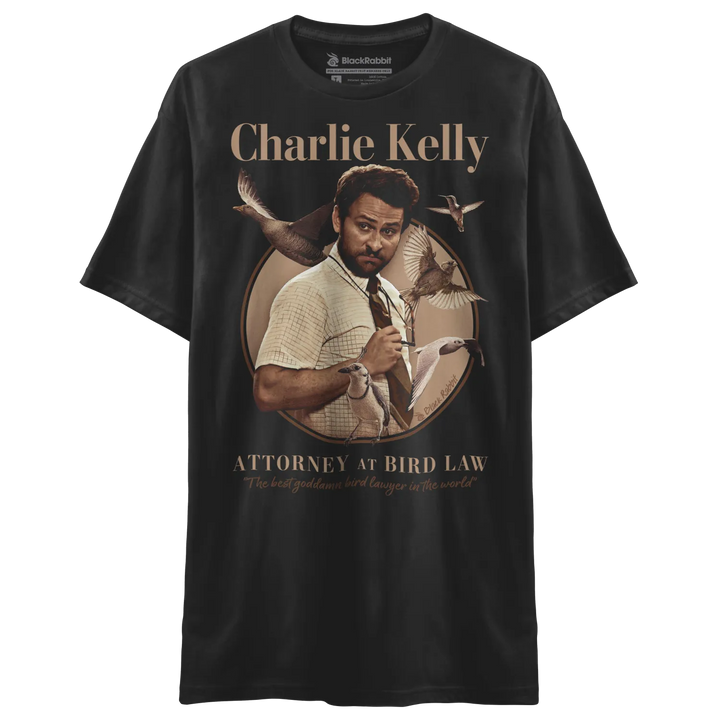 Black t-shirt with charlie kelly graphic and text ’attorney at bird law’ in gold. 