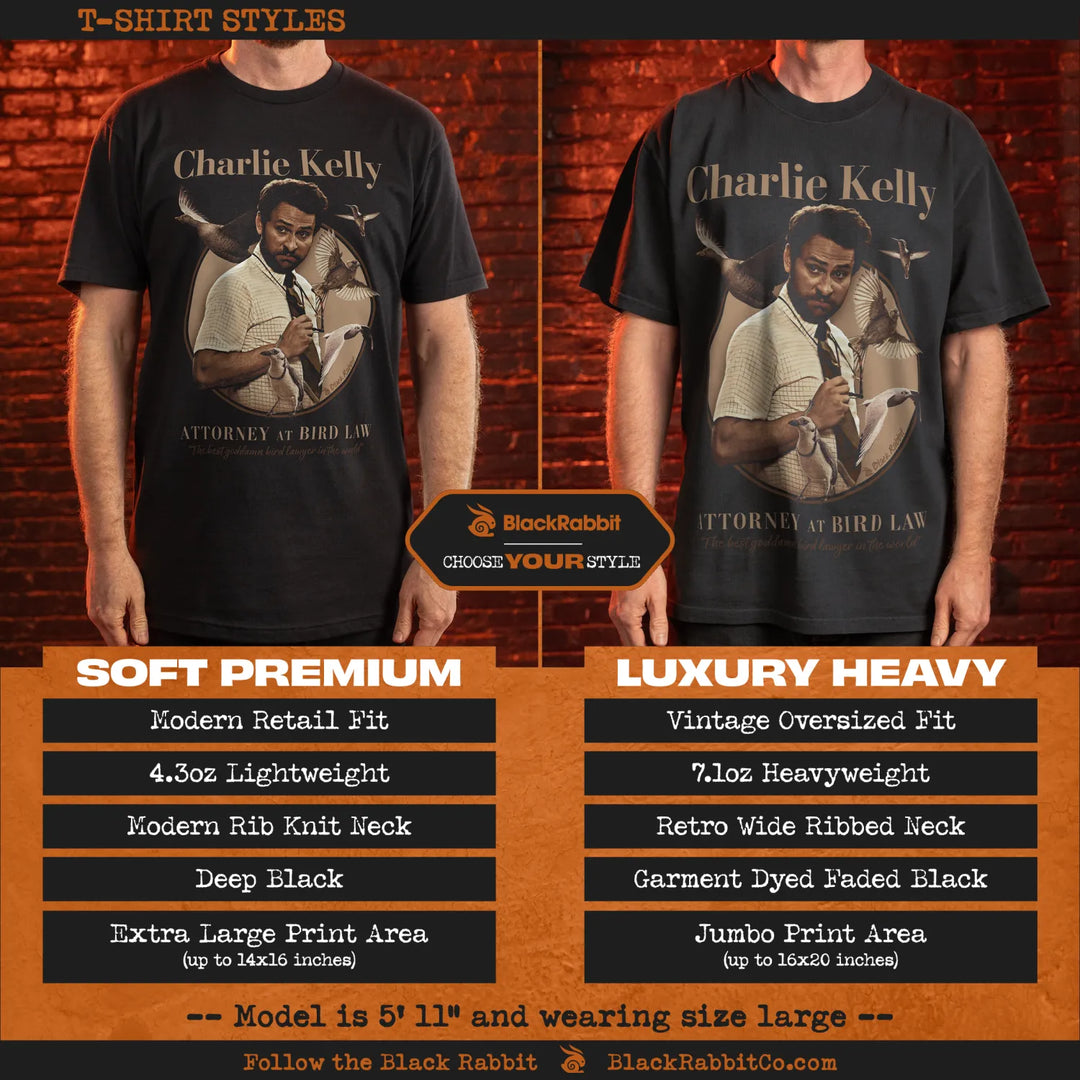 Black t-shirt with retro design of charlie kelly, attorney at bird law. 