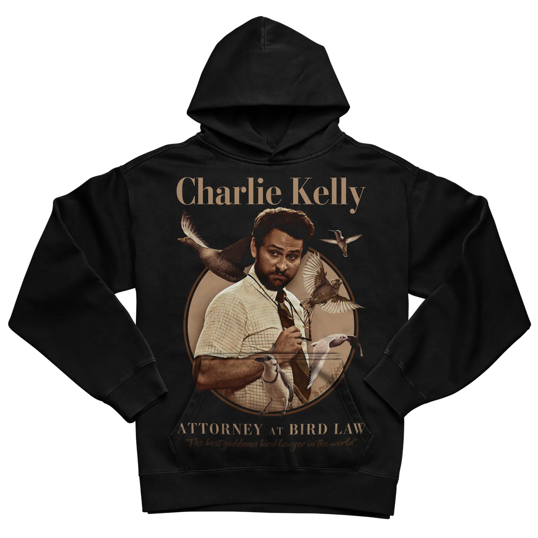 Black hoodie with charlie kelly design, attorney at bird law text. 
