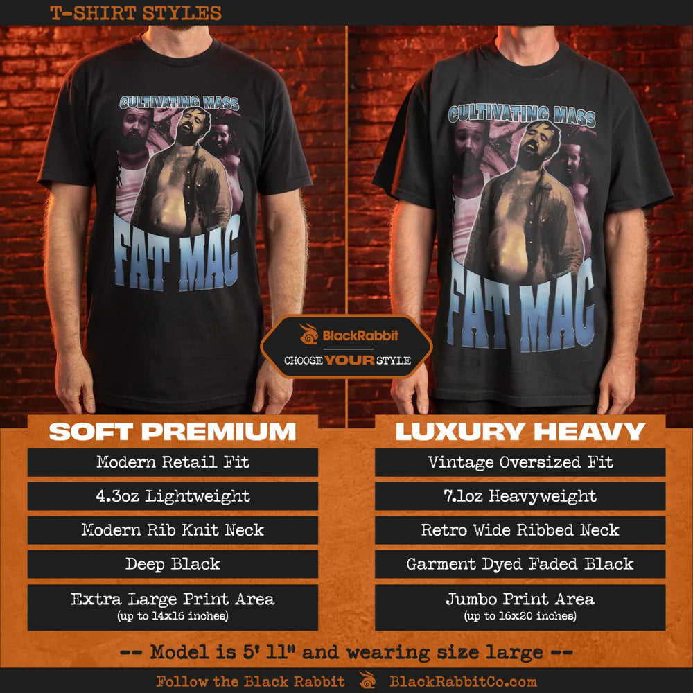 A comparison of two black t-shirt styles with a graphic print.