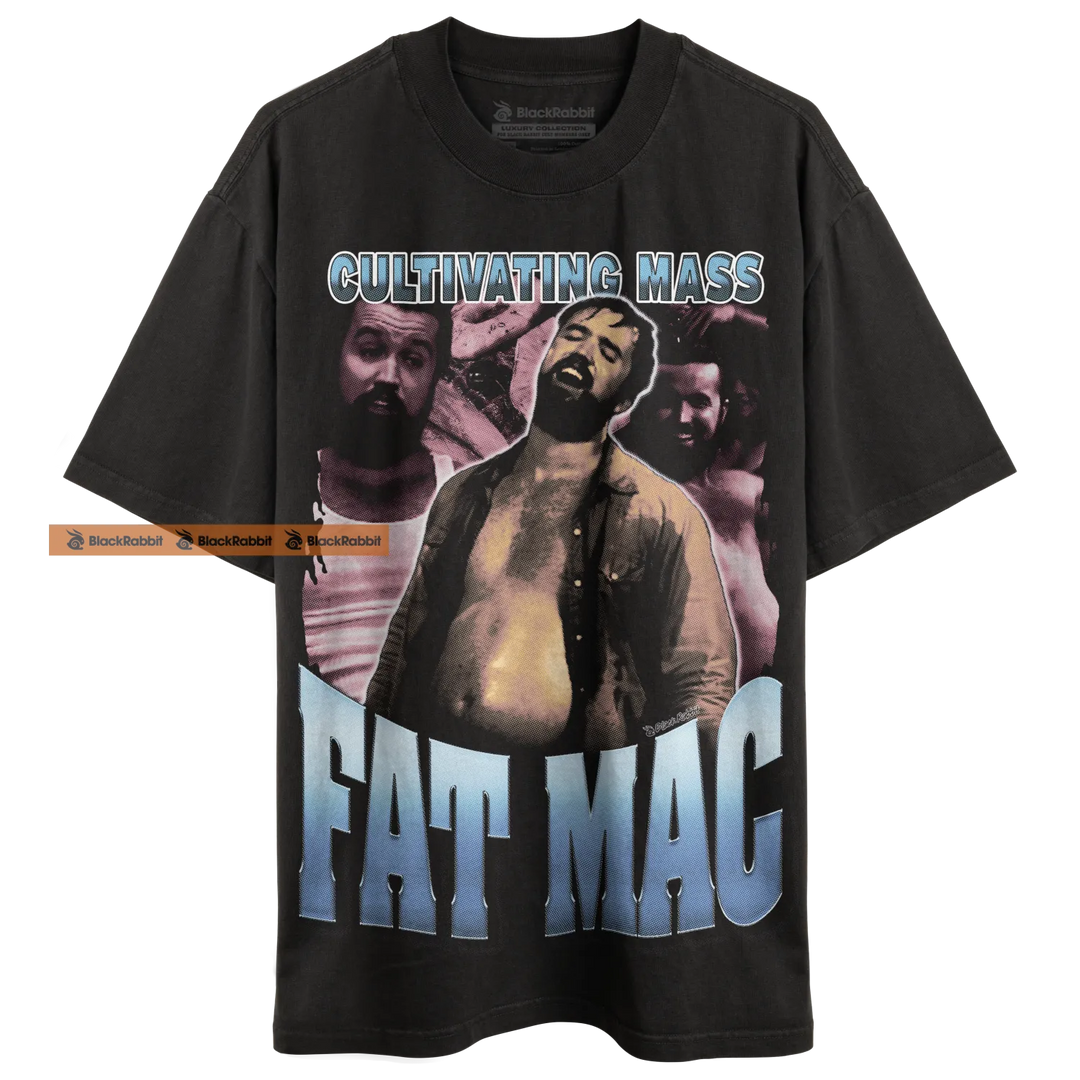 Black t-shirt with ’Fat Mac’ graphic.