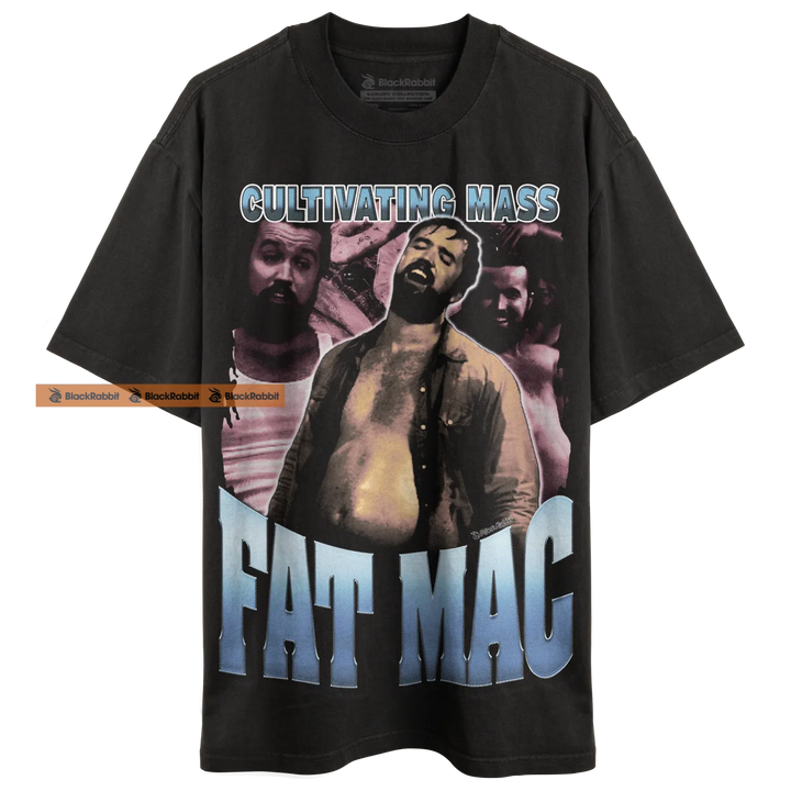 Black t-shirt with ’Fat Mac’ graphic.