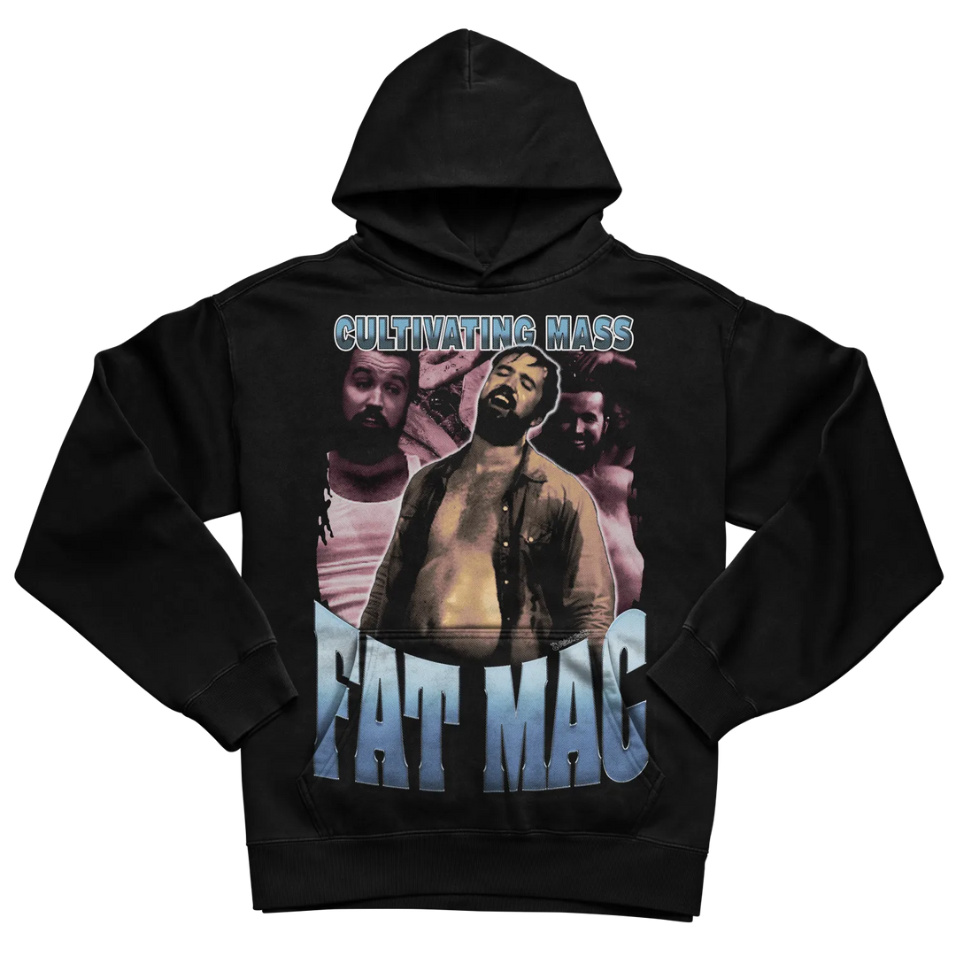 Black hoodie with graphic design featuring a man and text ’cultivating mass fat mac’