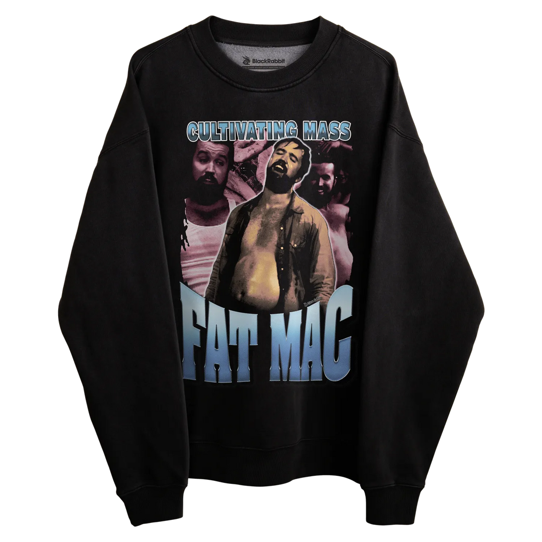 Black crewneck sweatshirt with graphic design featuring a man and text ’cultivating mass’ and ’fat mac.’