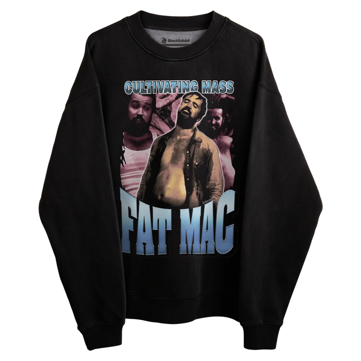 Black crewneck sweatshirt with graphic design featuring a man and text ’cultivating mass’ and ’fat mac.’