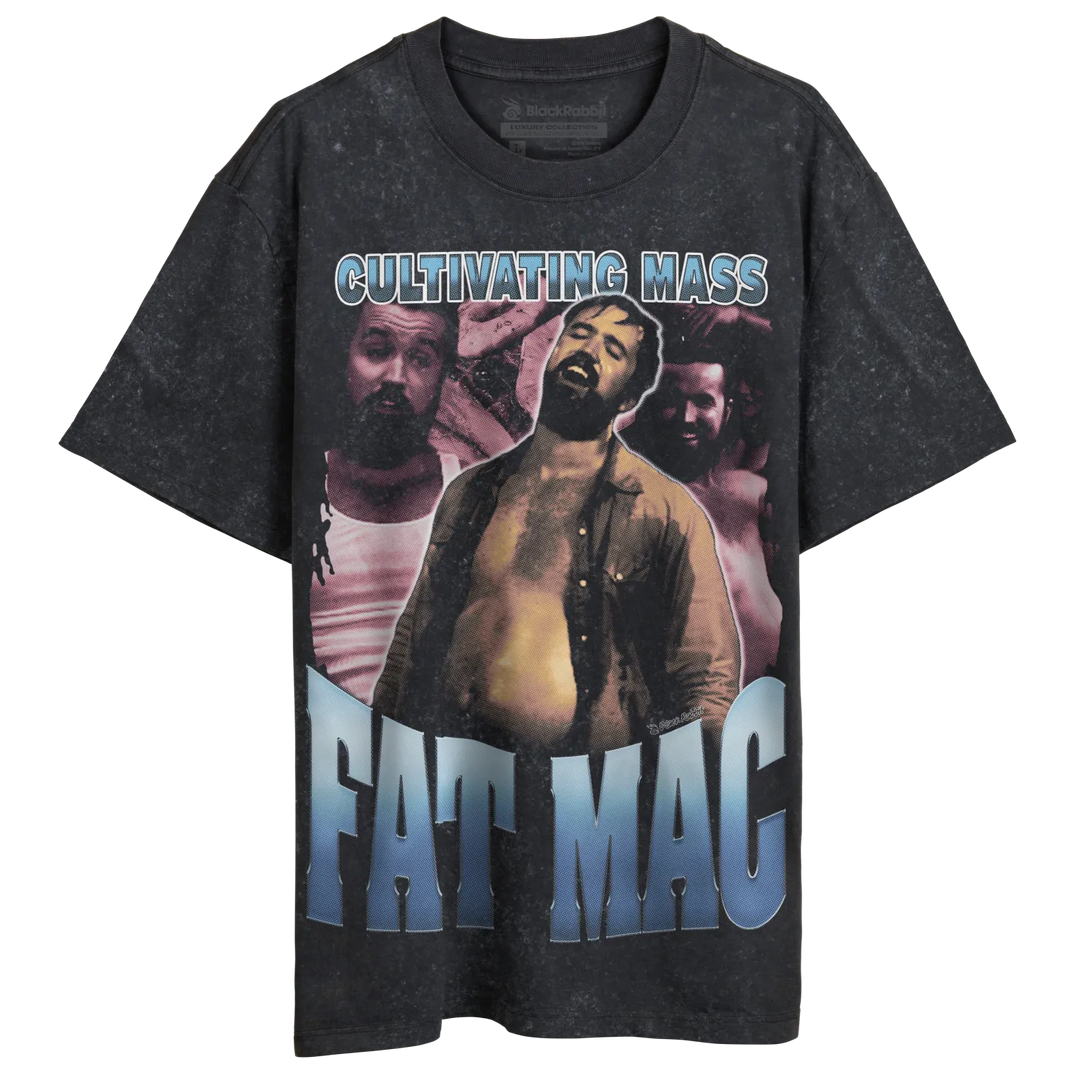 Dark gray t-shirt with a graphic of a bearded man with an open shirt and the words ’CULTIVATING MASS’ and ’FAT MAC’.