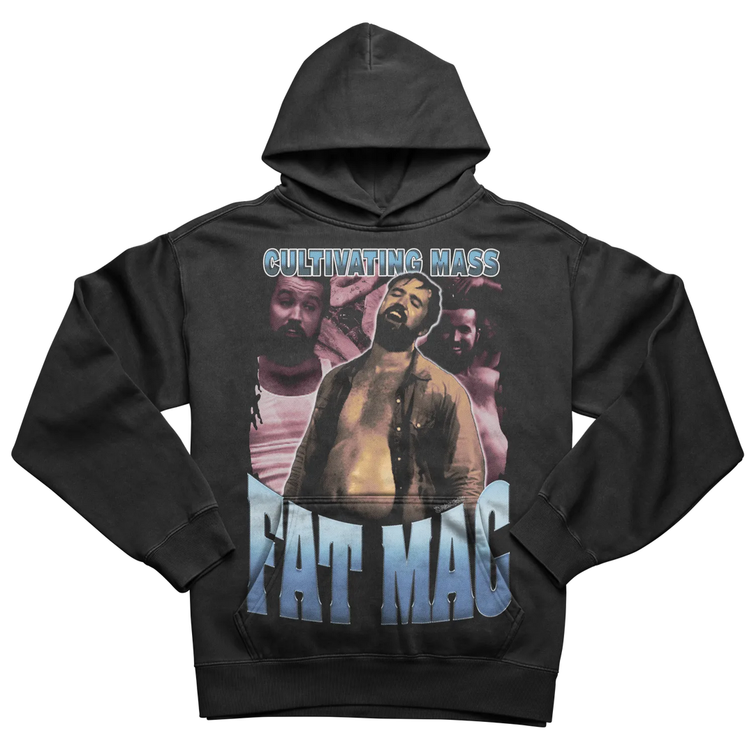 A black hooded sweatshirt with a graphic print featuring three bearded men and the text ’CULTIVATING MASS’ and ’FAT MAC.’