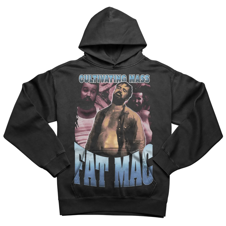 A black hooded sweatshirt with a graphic print featuring three bearded men and the text ’CULTIVATING MASS’ and ’FAT MAC.’