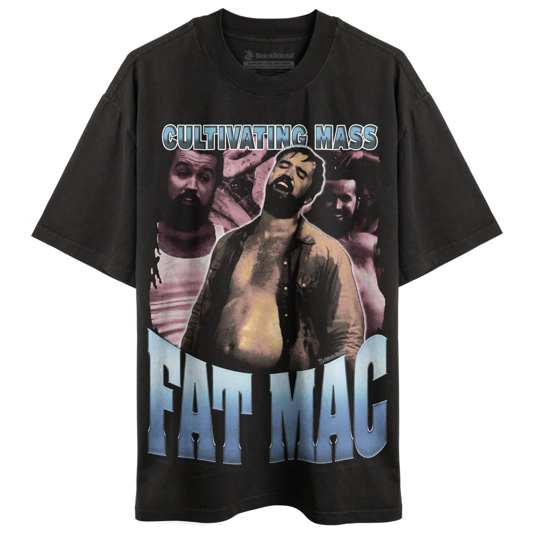 Black graphic t-shirt with a ’Fat Mac’ design.