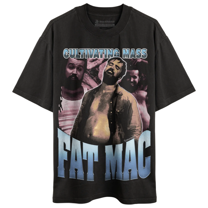 Black graphic t-shirt with a ’Fat Mac’ design.