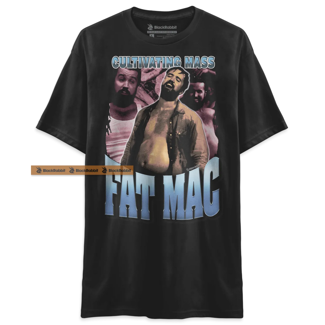 Black t-shirt with ’Cultivating Mass Fat Mac’ graphic.