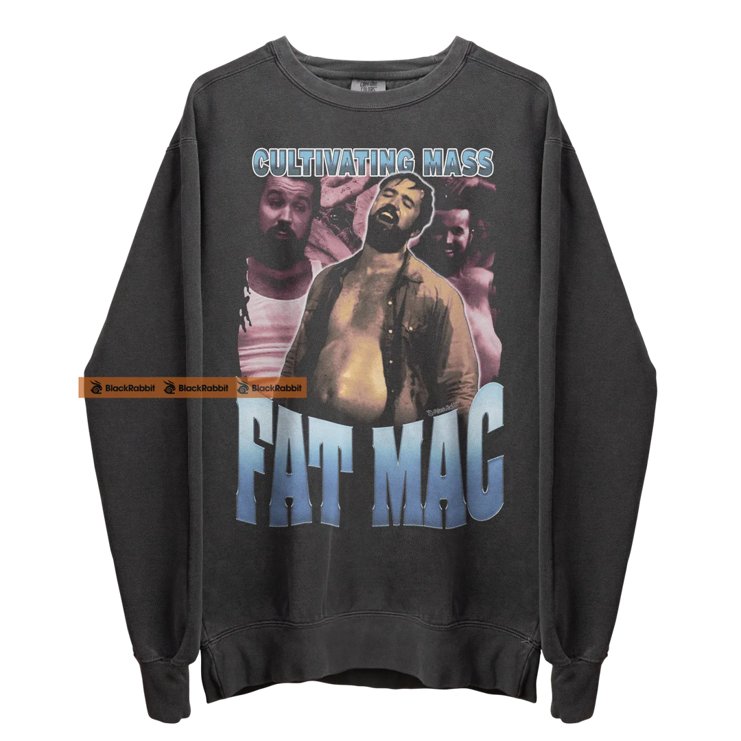 Gray sweatshirt with ’Fat Mac’ graphic.