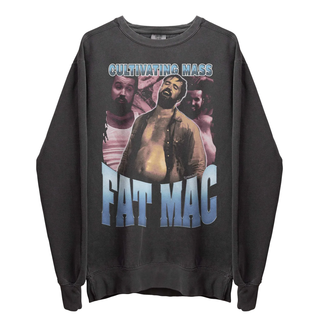 Black long-sleeved sweatshirt with a graphic print featuring three men and the text ’CULTIVATING MASS’ and ’FAT MAC’.