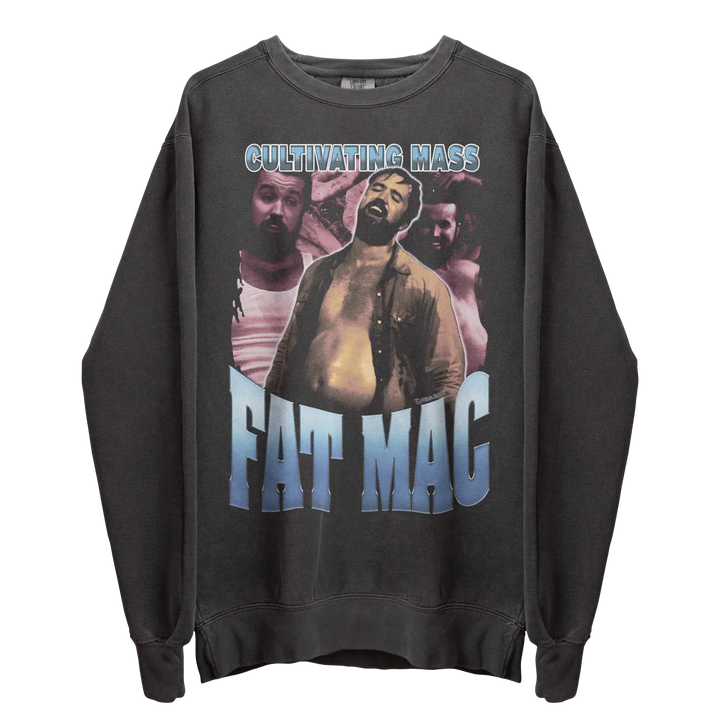 Black long-sleeved sweatshirt with a graphic print featuring three men and the text ’CULTIVATING MASS’ and ’FAT MAC’.