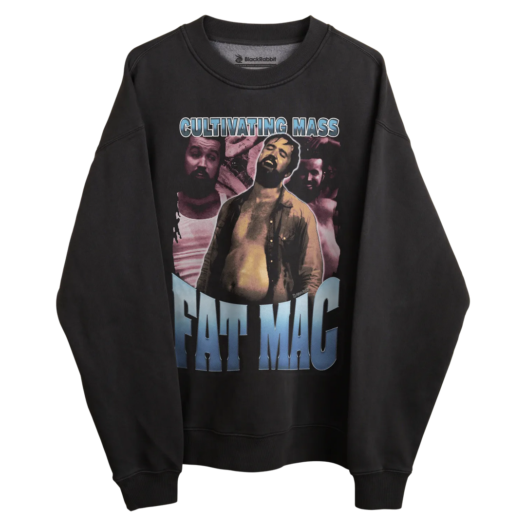 Black crewneck sweatshirt with graphic design of a muscular man and text ’cultivating mass’ and ’fat mac.’