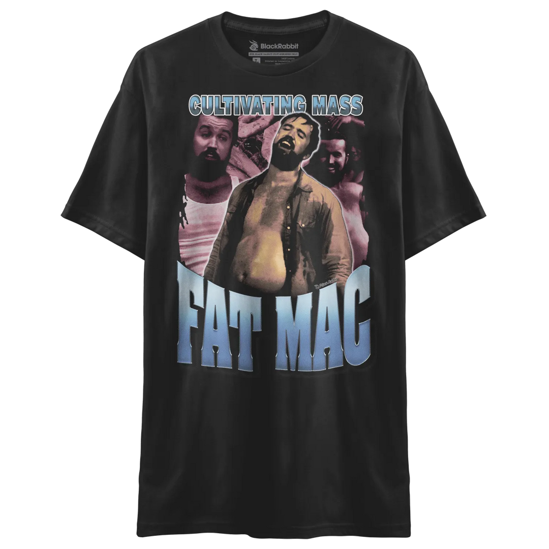 Black short-sleeve t-shirt with a ’Cultivating Mass Fat Mac’ graphic.