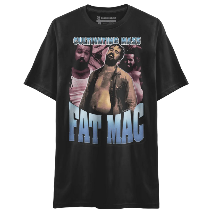 Black short-sleeve t-shirt with a ’Cultivating Mass Fat Mac’ graphic.