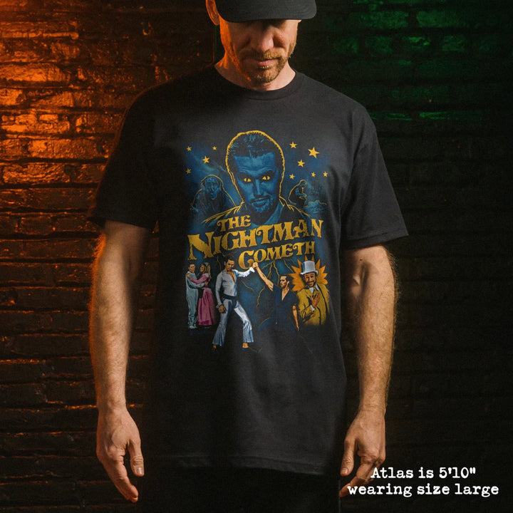 Male model wear soft premium tee with nightman graphic
