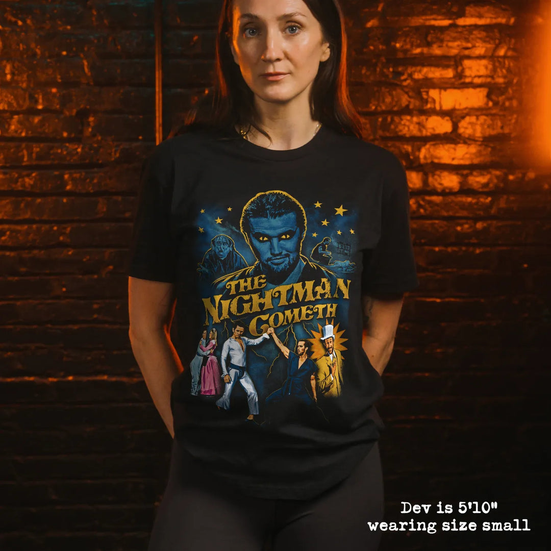 model wear soft premium tee with nightman graphic
