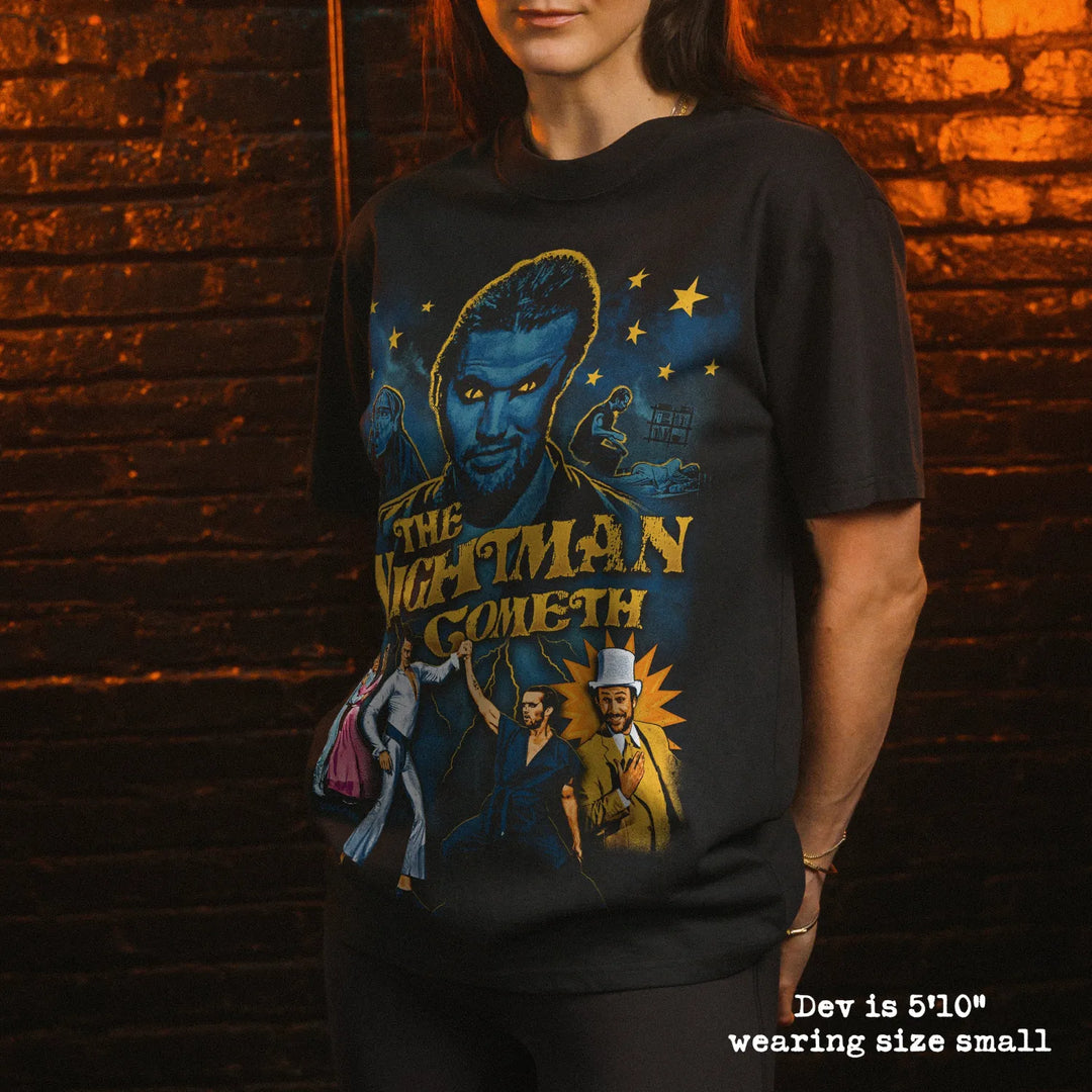 Model wearing heavy tee with nightman graphic 